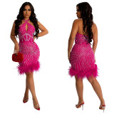 Sexy Patchwork Hot Drilling Hollowed Out Backless Halter Sleeveless Dresses