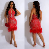 Sexy Patchwork Hot Drilling Hollowed Out Backless Halter Sleeveless Dresses