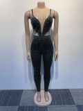 Sexy Bodycon Patchwork One Piece Jumpsuit See Through Rhinestone Outfits
