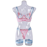 Sexy Lingerie Push-up See Through Mesh Embroidery 3 Piece Set