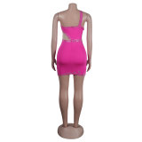 Rhinestones One Shoulder Sleeveless Sexy Hollow Out Mesh Patchwork Mini Dress