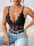 Women's Spaghetti Strap V Neck Scallop Lace Floral Lace Sheer Bodysuit Cami Top