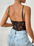 Women's Spaghetti Strap V Neck Scallop Lace Floral Lace Sheer Bodysuit Cami Top