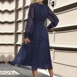Solid Bishop Sleeve Pleated Hem A-Line Dress