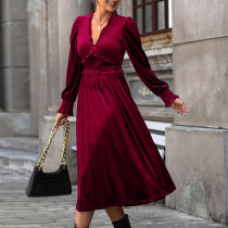 Wine Red Lantern Long Sleeve V Neck Velvet Mid Dress