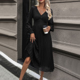 Solid Bishop Sleeve Pleated Hem A-Line Dress