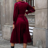Wine Red Lantern Long Sleeve V Neck Velvet Mid Dress