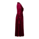 Wine Red Lantern Long Sleeve V Neck Velvet Mid Dress