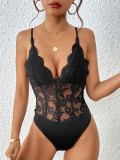 Women's Spaghetti Strap V Neck Scallop Lace Floral Lace Sheer Bodysuit Cami Top