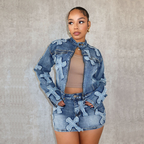 Cross Your Mind Denim Jacket Skirt Set