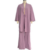 Solid Color Comfortable Loose Cardigan & Wide Leg Pants Two Piece Set