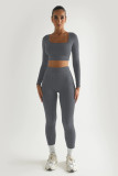 Solid Color Long Sleeve Square Collar Crop Top Two Piece Fashion Outfits