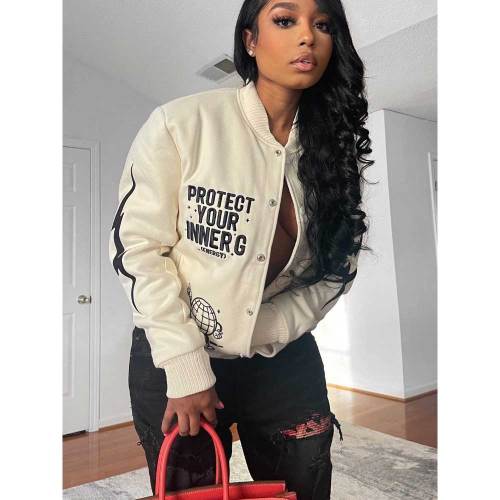 Autumn/Spring Letters Print Long Sleeves Baseball Uniform Fashion Casual Cropped Jacket For Women