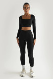 Solid Color Long Sleeve Square Collar Crop Top Two Piece Fashion Outfits