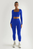 Solid Color Long Sleeve Square Collar Crop Top Two Piece Fashion Outfits