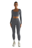 Solid Color Long Sleeve Square Collar Crop Top Two Piece Fashion Outfits