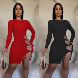 Solid Long Sleeve Heart-shaped Rhinestone Club Dresses