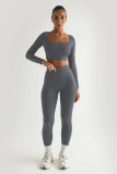 Solid Color Long Sleeve Square Collar Crop Top Two Piece Fashion Outfits