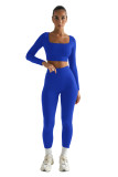 Solid Color Long Sleeve Square Collar Crop Top Two Piece Fashion Outfits