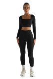 Solid Color Long Sleeve Square Collar Crop Top Two Piece Fashion Outfits