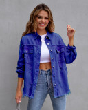 Women Denim Coat Raw Edge Ripped Long Sleeve Classic Distressed Practical Jean Jacket