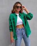Women Denim Coat Raw Edge Ripped Long Sleeve Classic Distressed Practical Jean Jacket