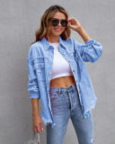 Women Denim Coat Raw Edge Ripped Long Sleeve Classic Distressed Practical Jean Jacket