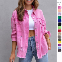 Women Denim Coat Raw Edge Ripped Long Sleeve Classic Distressed Practical Jean Jacket