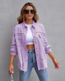 Women Denim Coat Raw Edge Ripped Long Sleeve Classic Distressed Practical Jean Jacket