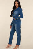 Notched Lapel Double-breasted Button Denim Jumpsuit