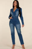 Notched Lapel Double-breasted Button Denim Jumpsuit