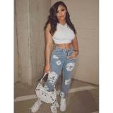 Floral Print Straight Leg Jeans