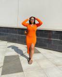Solid Color Orange Polo Neck Slit Midi Dresses