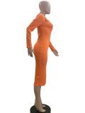 Solid Color Orange Polo Neck Slit Midi Dresses