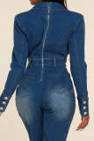 Notched Lapel Double-breasted Button Denim Jumpsuit