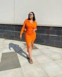 Solid Color Orange Polo Neck Slit Midi Dresses
