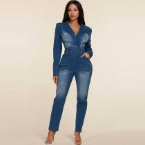 Notched Lapel Double-breasted Button Denim Jumpsuit
