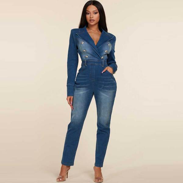 Notched Lapel Double-breasted Button Denim Jumpsuit