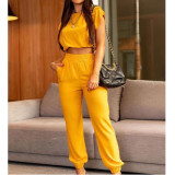 Solid Color Casual Suit Short Sleeve Crop Top & Pants 2-Piece Set