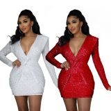 Sparkling V-Neck Pleated Slimming Mini Dress