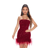 Nightclub Party with Feathers and Sequins Strapless Bodycon Dress
