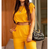 Solid Color Casual Suit Short Sleeve Crop Top & Pants 2-Piece Set