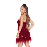 Nightclub Party with Feathers and Sequins Strapless Bodycon Dress