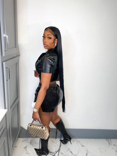 Solid Deep Pocket Turndown Neck Slit PU Leather Shorts Set