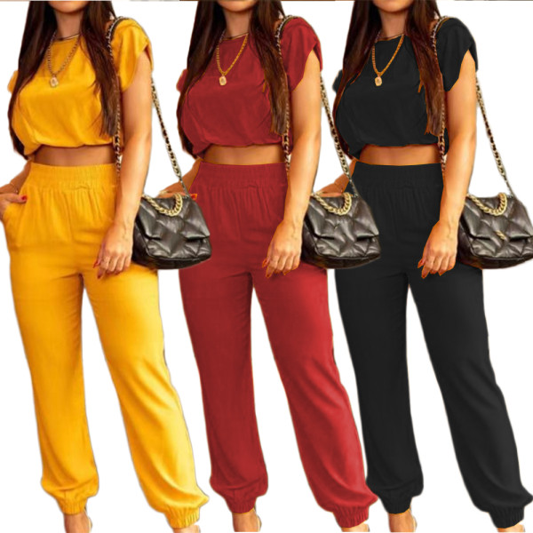 Solid Color Casual Suit Short Sleeve Crop Top & Pants 2-Piece Set