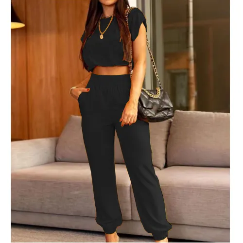 Solid Color Casual Suit Short Sleeve Crop Top & Pants 2-Piece Set