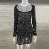 Glittering Rhinestones Sparkling Glamour Sheer Long Sleeve Mini Dress