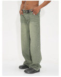Korean-style Loose-fitting washed Mid-waist Retro Green Frayed Edge Jeans for Men and Women