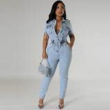 Elastic Washed Short Sleeve Lapel Single-breasted Denim Jumpsuit