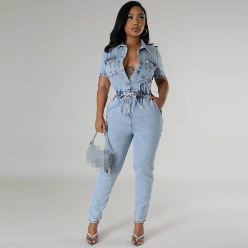 Elastic Washed Short Sleeve Lapel Single-breasted Denim Jumpsuit